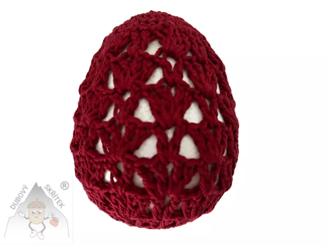 Polystyrénové vajíčko obháčkované vínovou přízí s krajkovým vzorem, ruční velikonoční dekorace