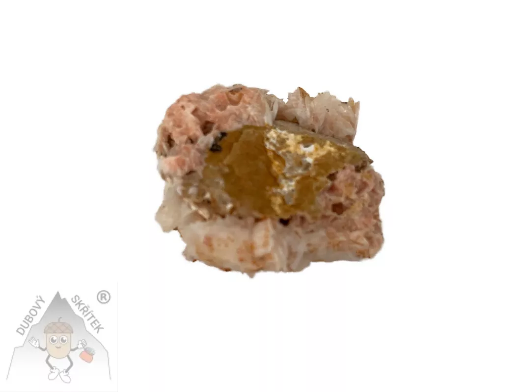 Vanadinit – přírodní minerál se zlatavými krystaly na růžovém podkladu