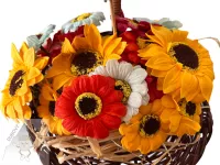 Košík plný slunce – závěsná dekorace s mýdlovými květy Dubový skřítek Košík plný slunce - letní závěsná dekorace se žlutými a oranžovými slunečnicemi a dřevěnou sovičkou