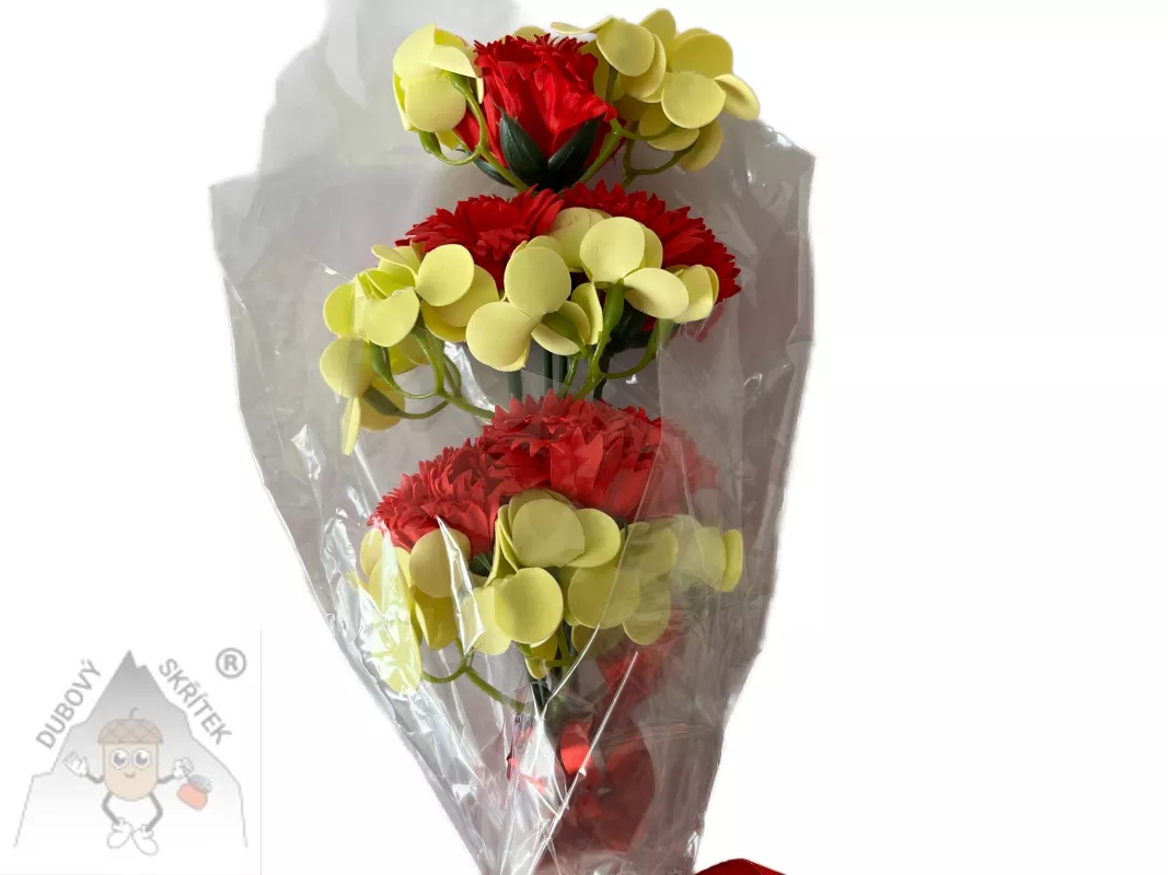Mýdlová kytice s červenými karafiáty a zelenými hortenziemi, zabalená v celofánu s červenou stuhou